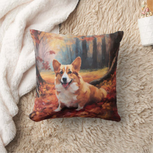 Coussin Corgi dans les feuilles d'automne chute inspire