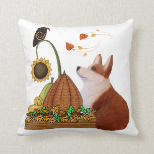 Coussin Corgi de chute avec le carreau de citrouille et