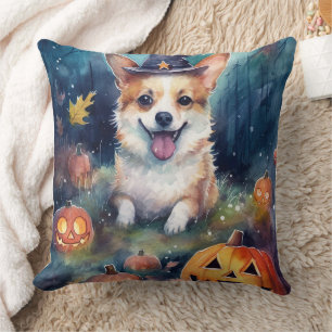 Coussin Corgi d'Halloween avec la peur Citrouille