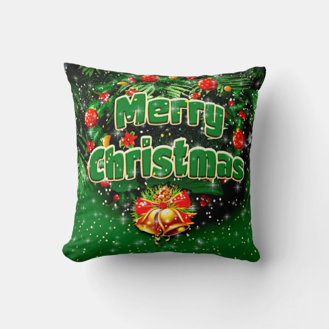 Coussin Correspondance Green Joyeux Noël Gold cloches Salu (Recto)