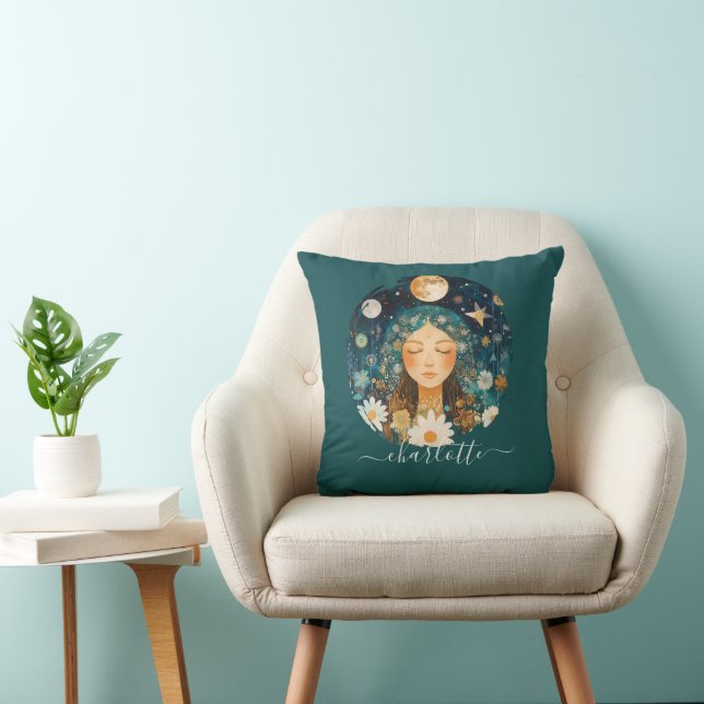 Coussin Cosmic Girl Boho Moon & Daisy Illustration Custom (Chaise)