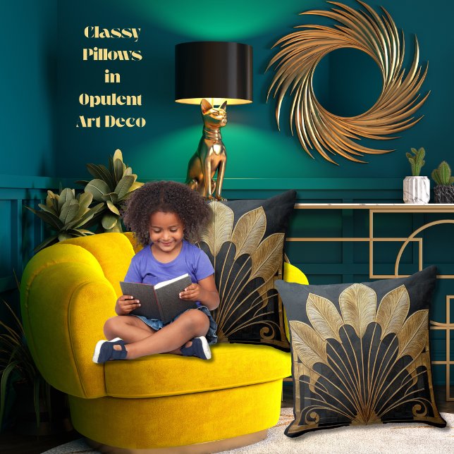 Coussin Coton noir doré Art déco gras élégant 20 x 20 (Gold and feathery Art Deco fan shape on faux textured black background for an antiquity vibe)