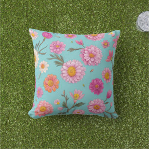 Coussin Cottage noyau floral blanc marguerites fleurs rose
