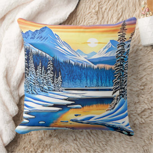 Coussin Coucher de soleil de montagne d'hiver