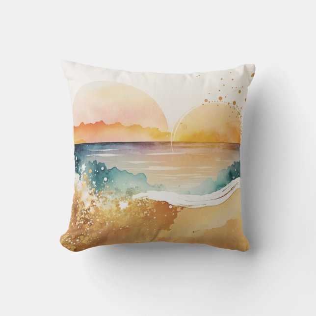 Coussin Coucher de soleil de plage d'aquarelle exotique (Recto)