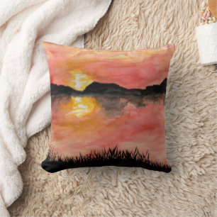 Coussin Coucher de soleil peint à l'aquarelle/encre - Badh