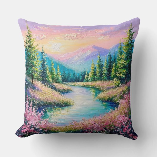 Coussin Coucher de soleil sur un ruisseau serein et des ar (Recto)