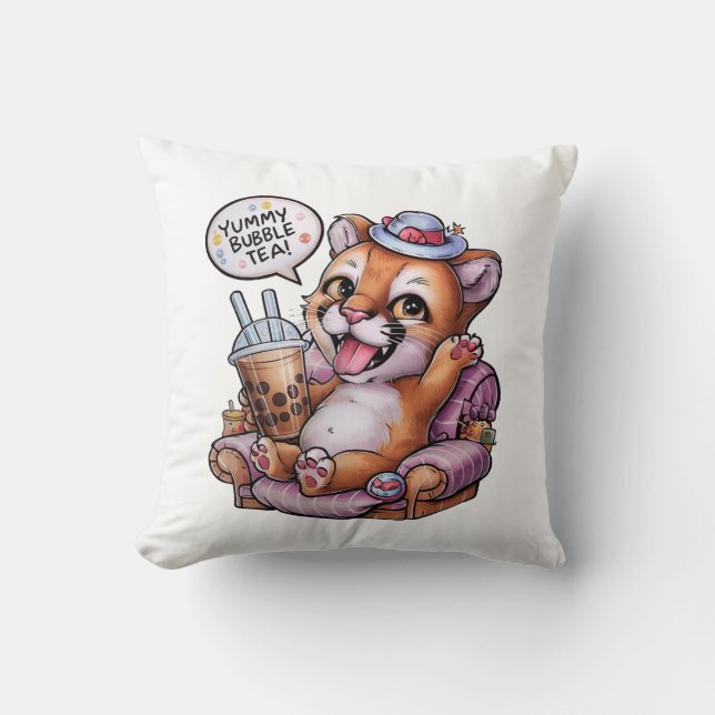 Coussin Cougar de dessin adorable : Cosy, Kawaii Vibes (Recto)