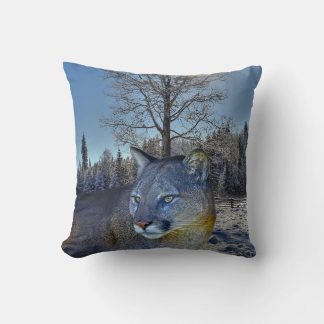 Coussin Cougar Mountain Lion & Winter Tree Image de la fau (Recto)