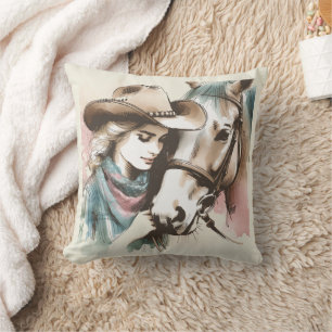 Coussin Couleur Aquarelle Pastel Cowgirl Et Cheval