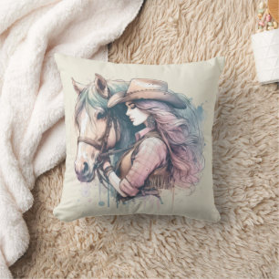 Coussin Couleur Aquarelle Pastel Cowgirl Et Cheval