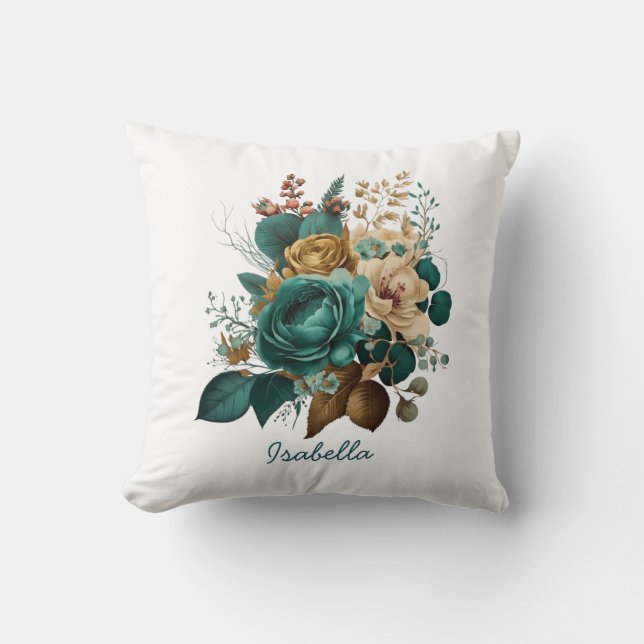 Coussin Couleur d'eau douce Turquoise or Floral (Recto)