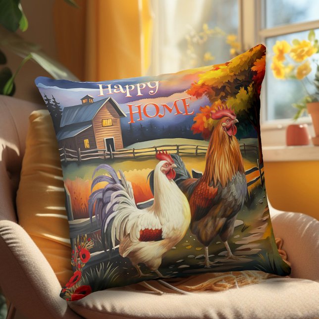 Coussin Country Rooster Chicken Farm Art (Pillow showing a colorful painting of a rooster and chicken in a country scene with a farmhouse)