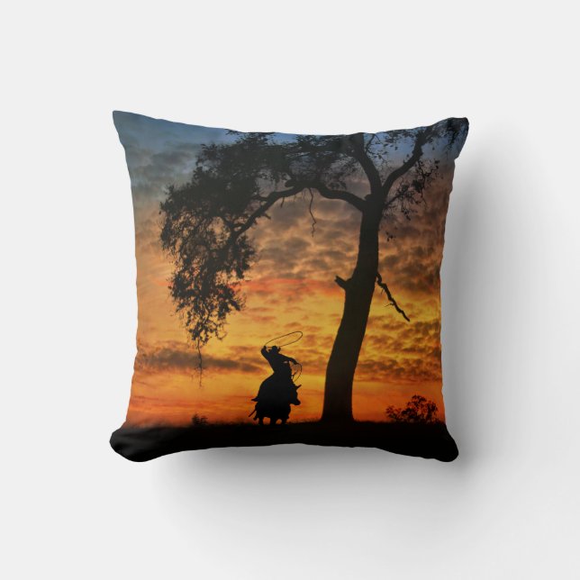 Coussin Country Western Cowboy Roping avec cheval (Recto)