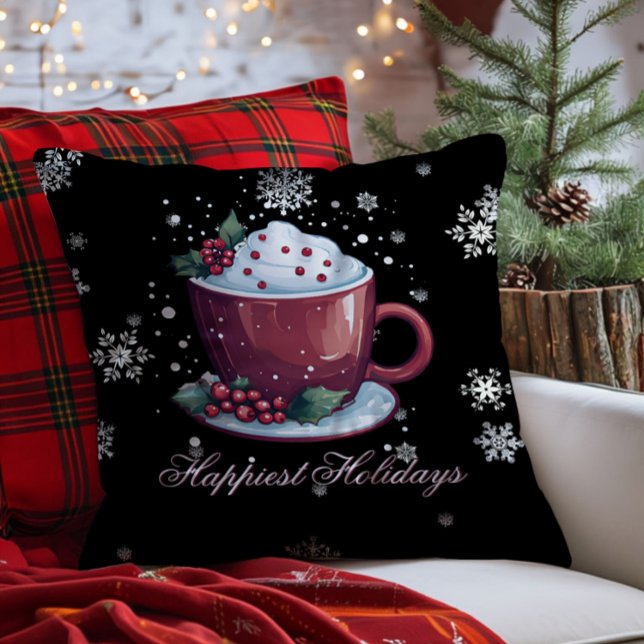 Coussin Coupe de Noël de chocolat chaud (Black Christmas Cup of Hot Chocolate Throw Pillow)