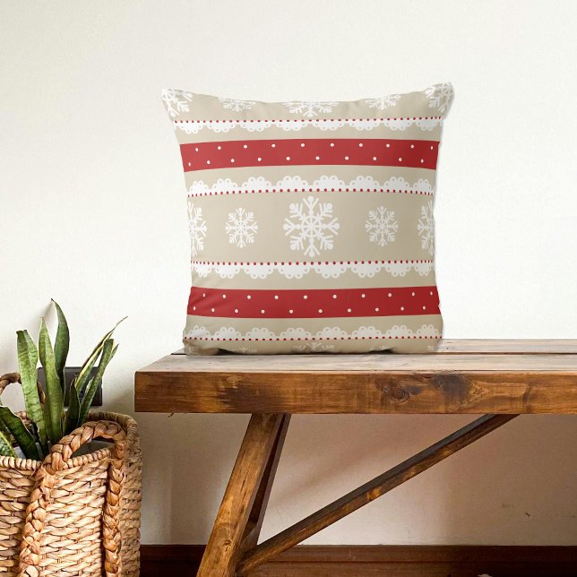 Coussin Coupe rouge blanc beige Noël Snowflakes Motif (Créateur téléchargé)