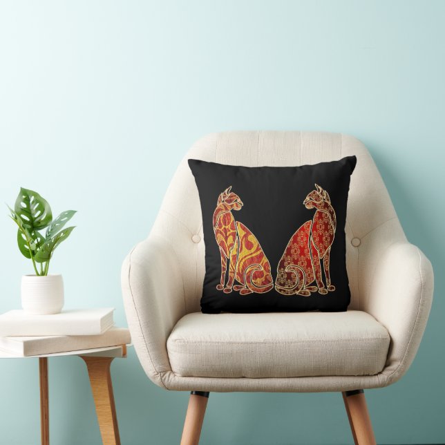 Coussin Couple de chat rouge et or (Chaise)