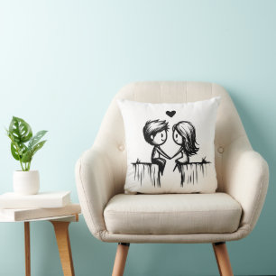 Coussin Couple de dessins animés et cœurs