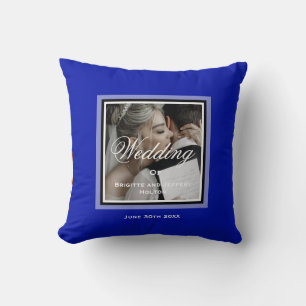 Coussin Couple de mariage bleu cobalt photo personnalisabl
