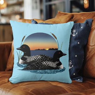 Coussin Couple de plongeons arctiques Coucher de soleil Bl
