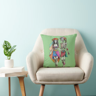 Coussin Couple de squelettes hippies