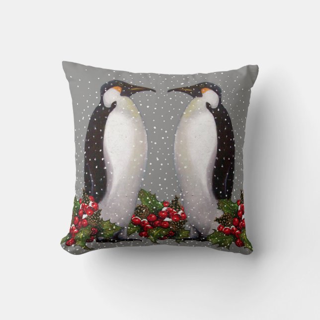 Coussin Couples de pingouin dans la neige : Art de Noël : (Recto)