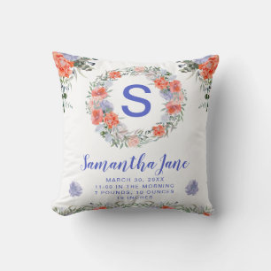 Coussin Couronne de fleurs aquarelle violet et rose bébé