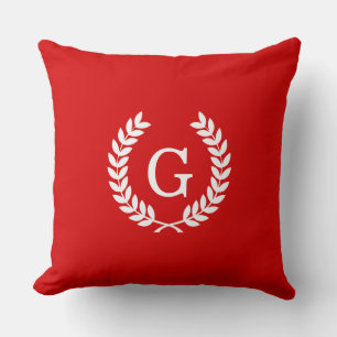 Coussin Couronne de laurier de blé blanc rouge monogramme 