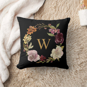 Coussin Couronne de monogramme à l'aquarelle florale Noir
