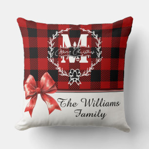 Coussin Couronne de monogramme Joyeux Noël en carreaux de