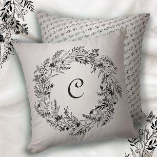 Coussin Couronne de monogramme minimaliste noir à feuilles