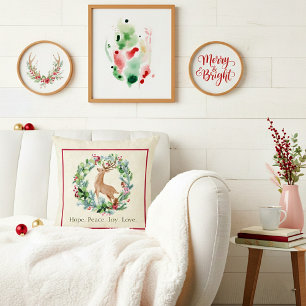 Coussin Couronne de Noël aquarelle personnalisée avec cerf