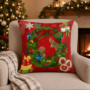 Coussin Couronne de Noël en pain d'épices jeté décoratif