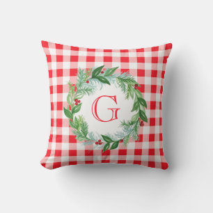 Coussin Couronne de pin à l'aquarelle MONOGRAMME à carreau