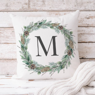 Coussin Couronne de pin aquarelle Monogramme Cône de pin H