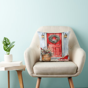 Coussin Couronne de porte de Noël rouge hivernal rustique 