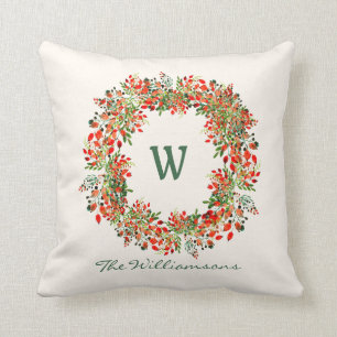 Coussin Couronne de verdure à l'aquarelle élégante Monogra