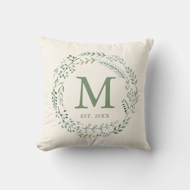 Coussin Couronne de verdure botanique Monogramme Établie (Recto)