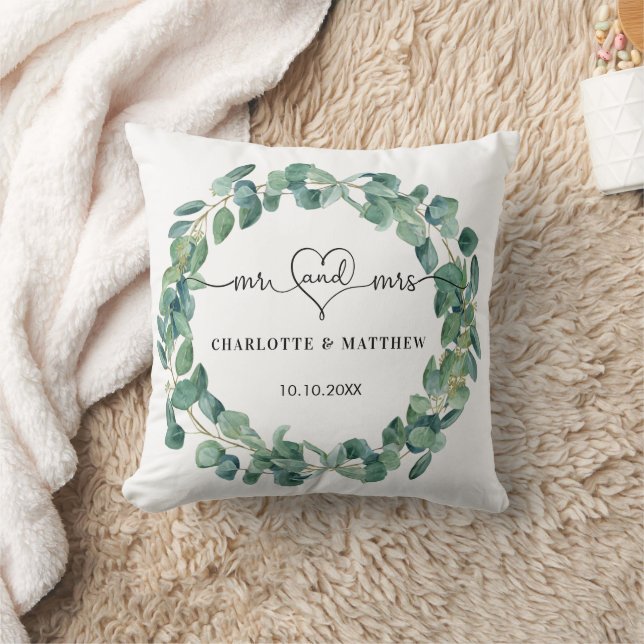 Coussin couronne d'eucalyptus mariage m. noms de coeur (Couverture)