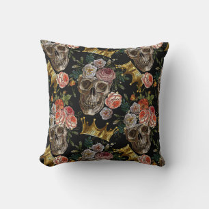 Coussin Couronne d'or Crâne Roses rouges Gothique Hallowee