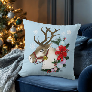 Coussin Couronne festive de Noël de rennes bleus 