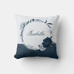 Coussin Couronne florale élégante bleu marine et bleu pous