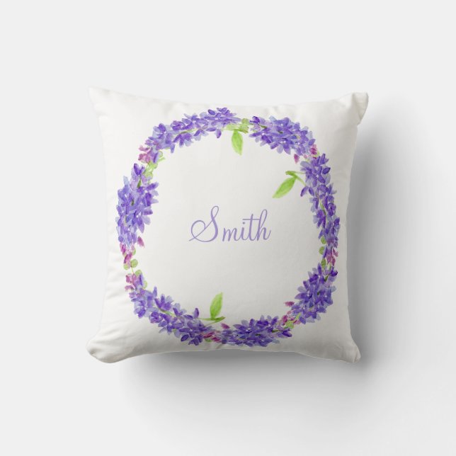 Coussin Couronne florale pourpre | Votre nom (Recto)