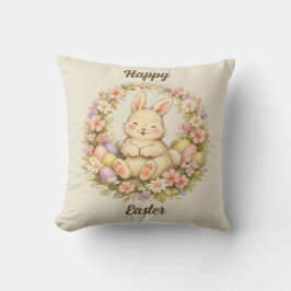 Coussin Couronne florale vintage de lapin de Pâques joyeus