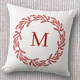 Coussin Couronne initiale de monogramme moderne rouge feui