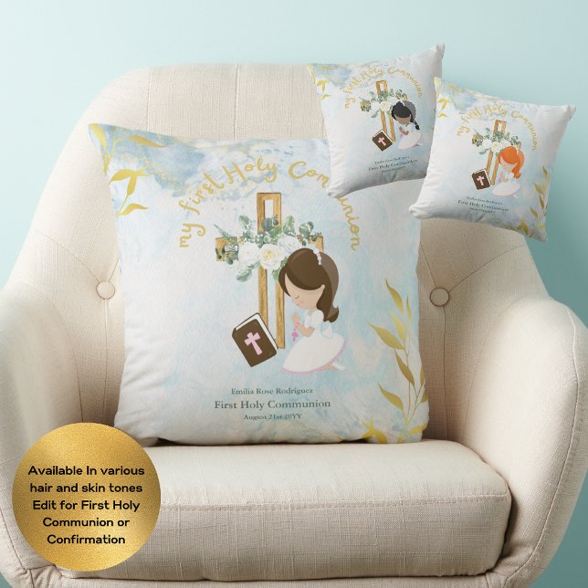 Coussin Coutume Première Sainte Communion Cute Brown Coiff (Créateur téléchargé)