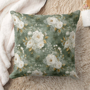 Coussin Couvre-thème floral à l'aquarelle vert sauge vinta