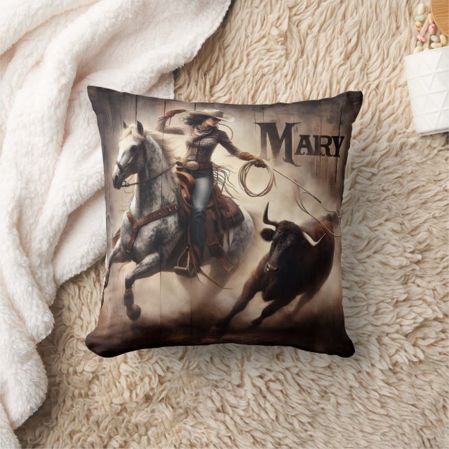 Coussin Cowgirl Roping Bull à Rodeo Event (Couverture)