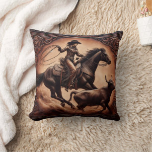 Coussin Cowgirl Roping Cattle à Western Rodeo Event
