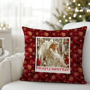 Coussin Cozy Angel Poinsettia Rouge Or Custom Nom Noël